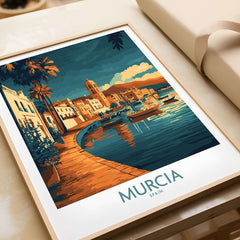 Murcia Wall Art Print featuring a vibrant scene of Murcia, Spain with boats and a picturesque waterfront.