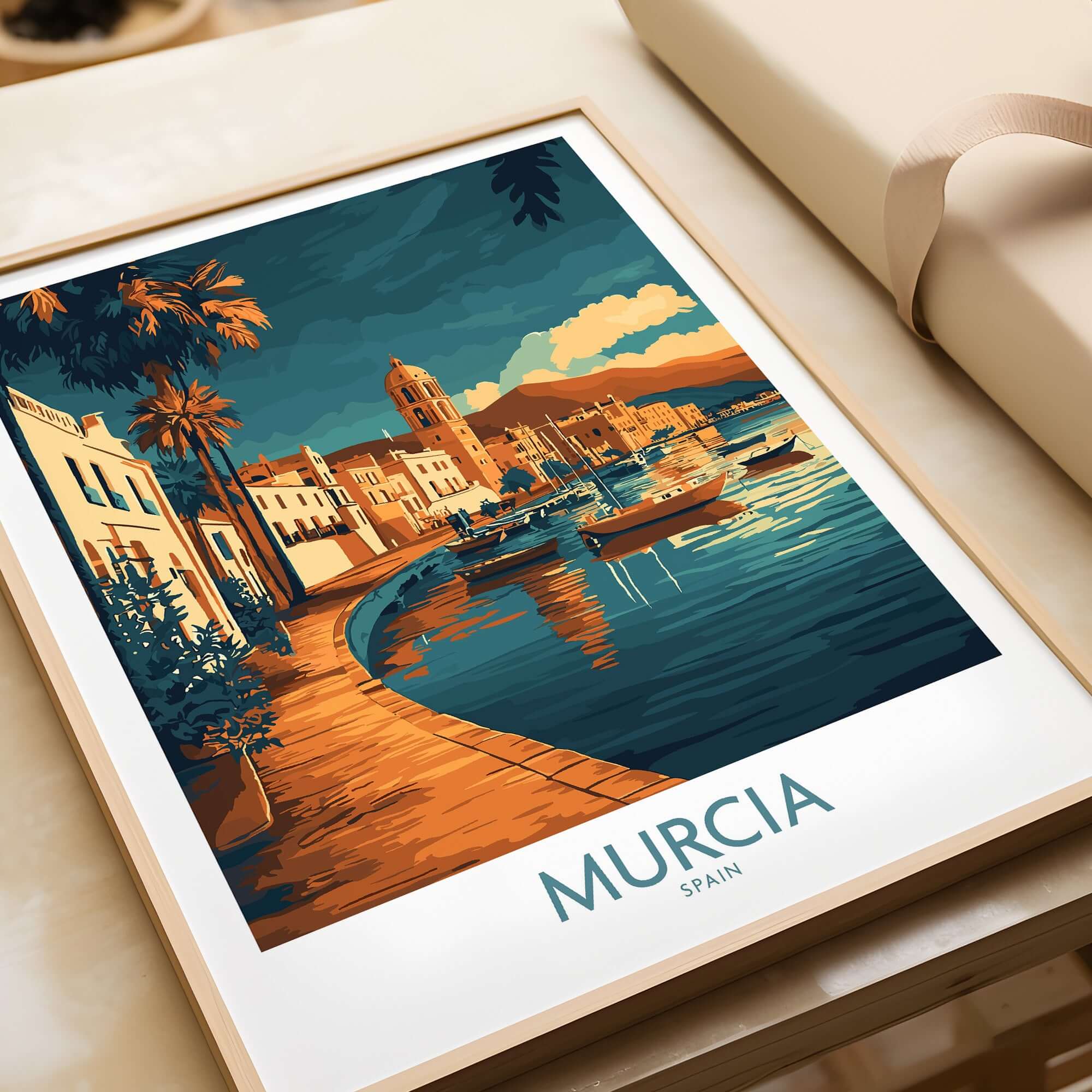 Murcia Wall Art Print featuring a vibrant scene of Murcia, Spain with boats and a picturesque waterfront.