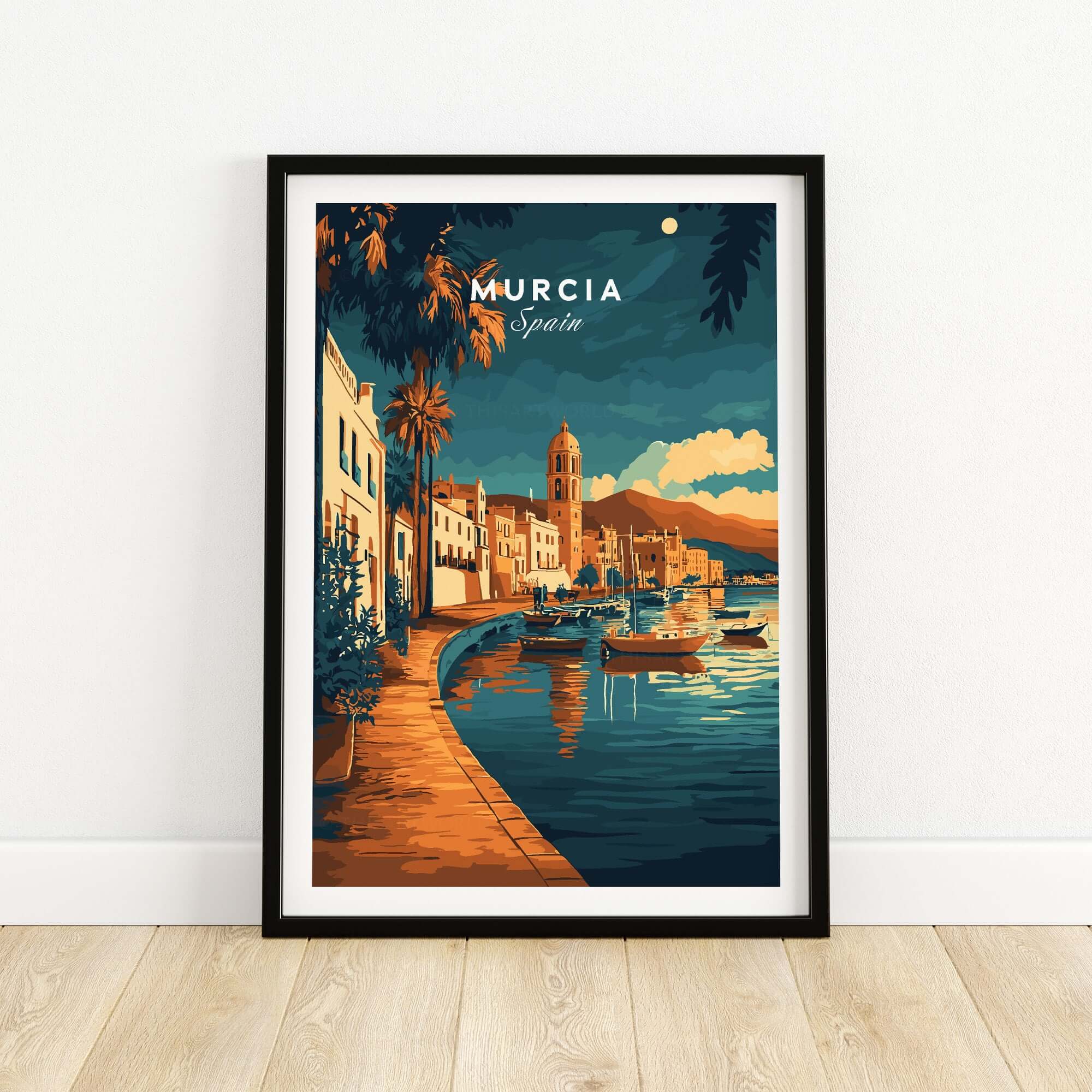 Murcia Wall Art featuring a scenic view of Murcia, Spain with boats and stunning architecture.