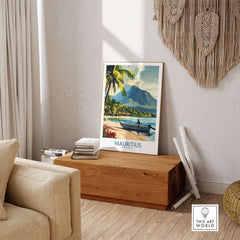 Must-Have Mauritius Print - Exotic Getaway Wall Art, Tropical Paradise View displayed in a cozy room with a wooden table.