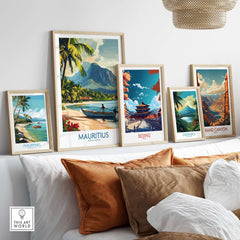 Must-Have Mauritius Print - Exotic Getaway Wall Art, Tropical Paradise View displayed with other travel-themed prints.