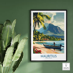 Must-Have Mauritius Print - Exotic Getaway Wall Art, Tropical Paradise View featuring a scenic beach and island boat.