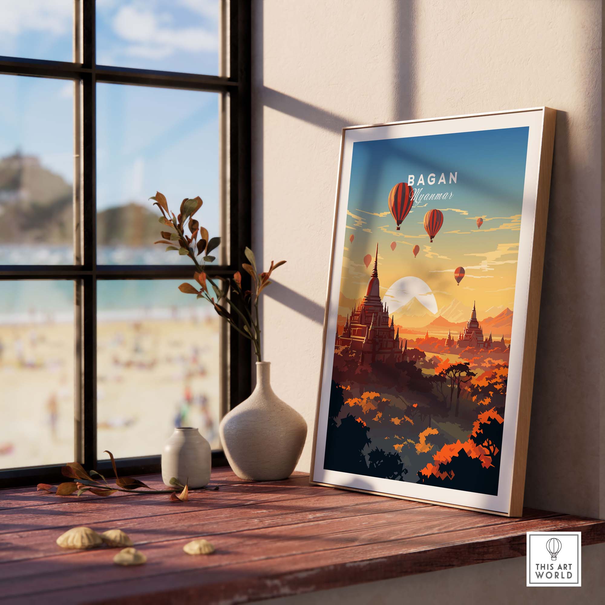 Vibrant Myanmar poster of Bagan sunset with hot air balloons, perfect for home decor and travel memories.