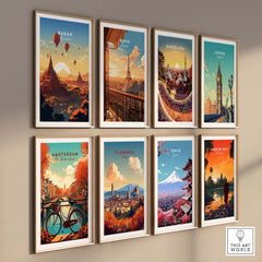 Colorful travel posters featuring iconic landmarks from Bagan, Paris, Barcelona, London, Amsterdam, Florence, Tokyo, and Angkor Wat.