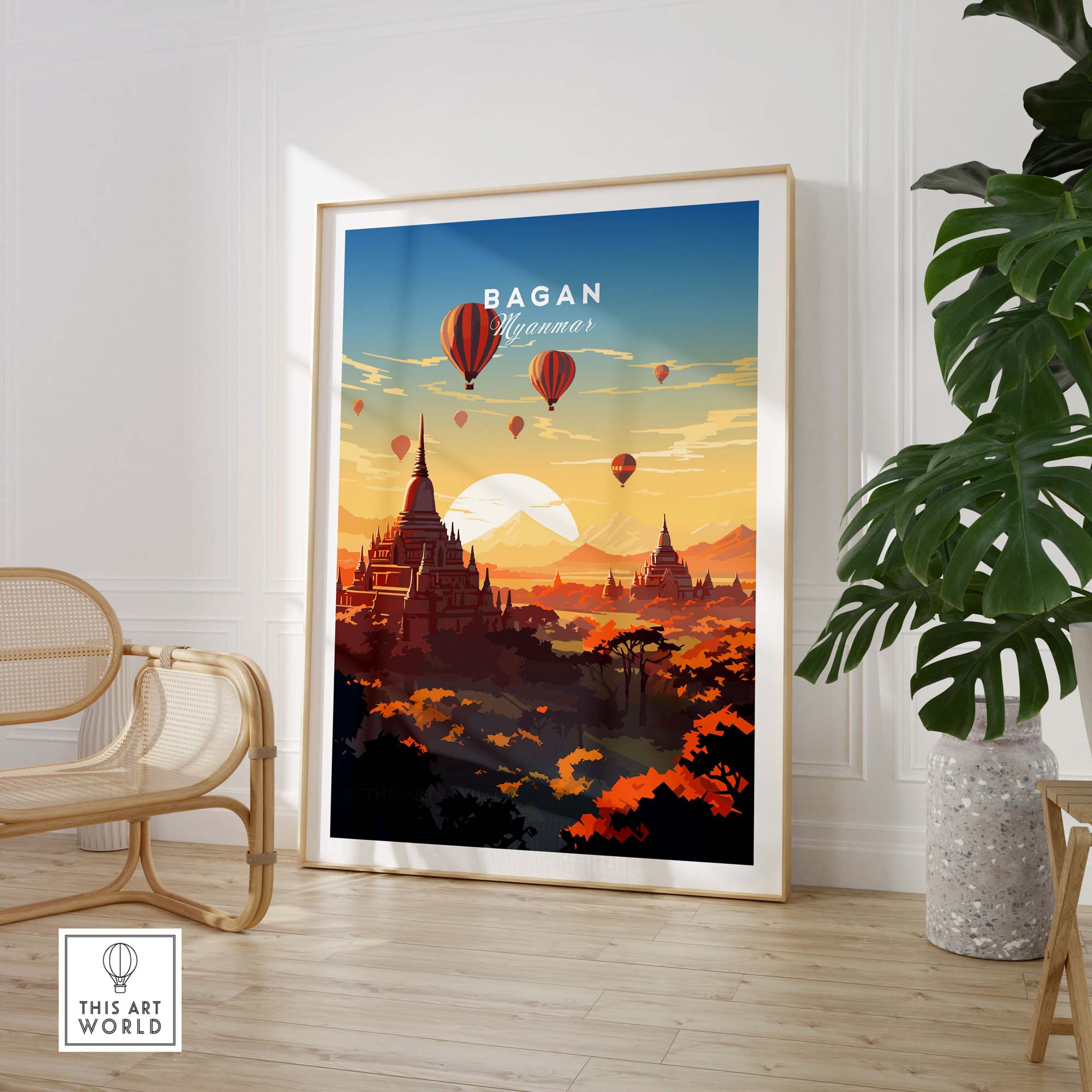 Vibrant Bagan sunset poster with hot air balloons, perfect for reminiscing about Myanmar adventures and decorating your home.