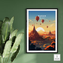 Vibrant Myanmar poster of Bagan showcasing a sunset with hot air balloons, perfect for exotic home decor.