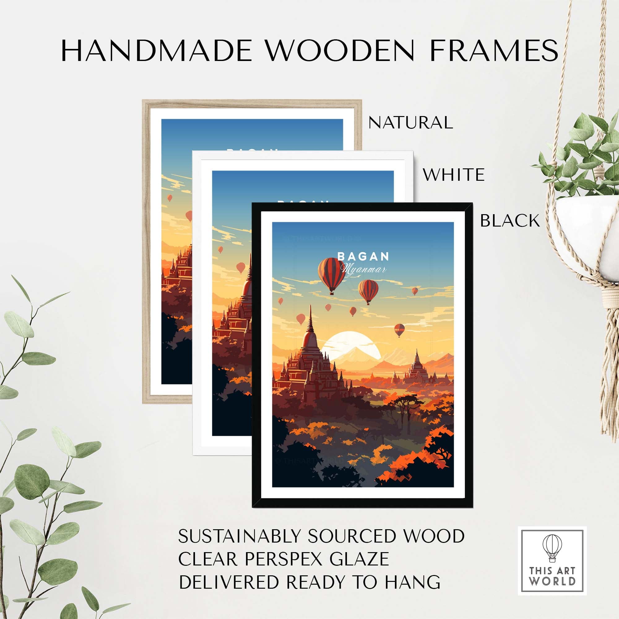 Handmade wooden frames in natural, white, and black for Bagan sunset poster with hot air balloons.