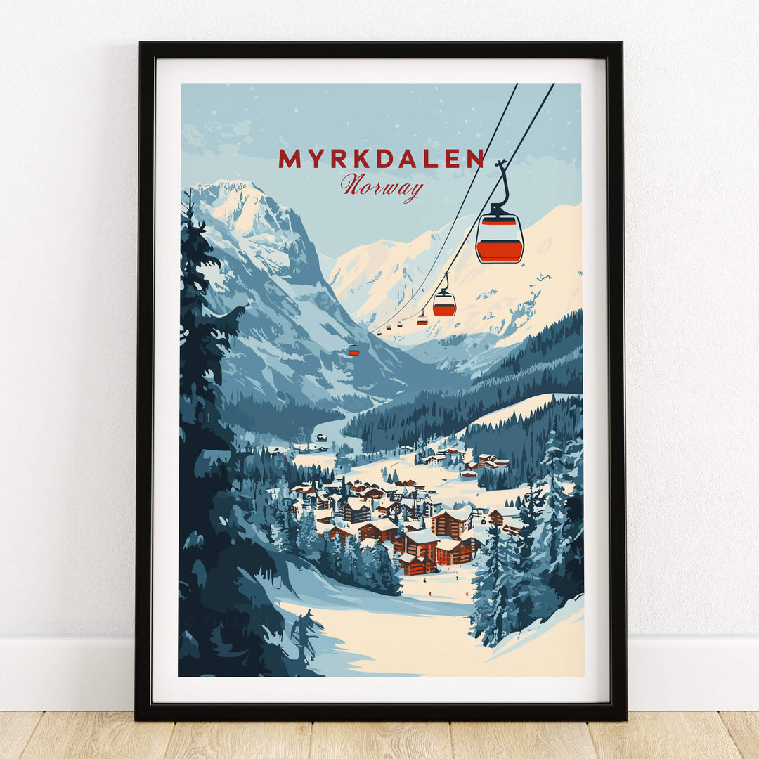 Charming Myrkdalen Ski Poster for Winter Enthusiasts featuring a scenic winter landscape in Norway.