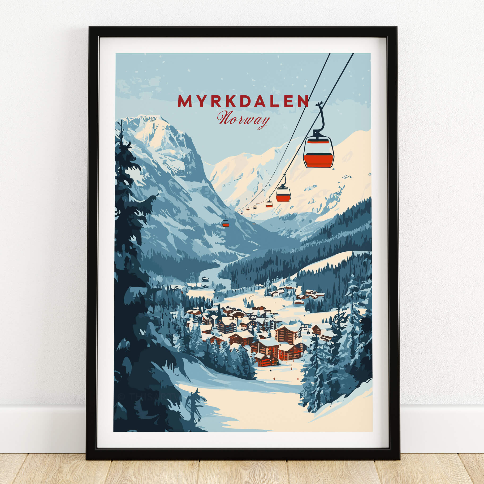 Charming Myrkdalen Ski Poster for Winter Enthusiasts featuring a scenic winter landscape in Norway.