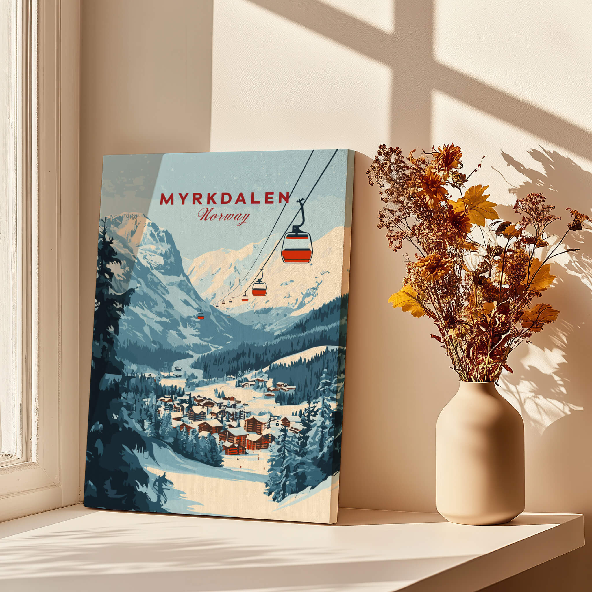 Charming Myrkdalen Ski Poster for Winter Enthusiasts showcasing a beautiful winter landscape of Myrkdalen, Norway.