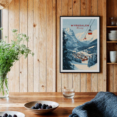 Charming Myrkdalen Ski Poster for Winter Enthusiasts framed on wooden wall with flowers and table decor.