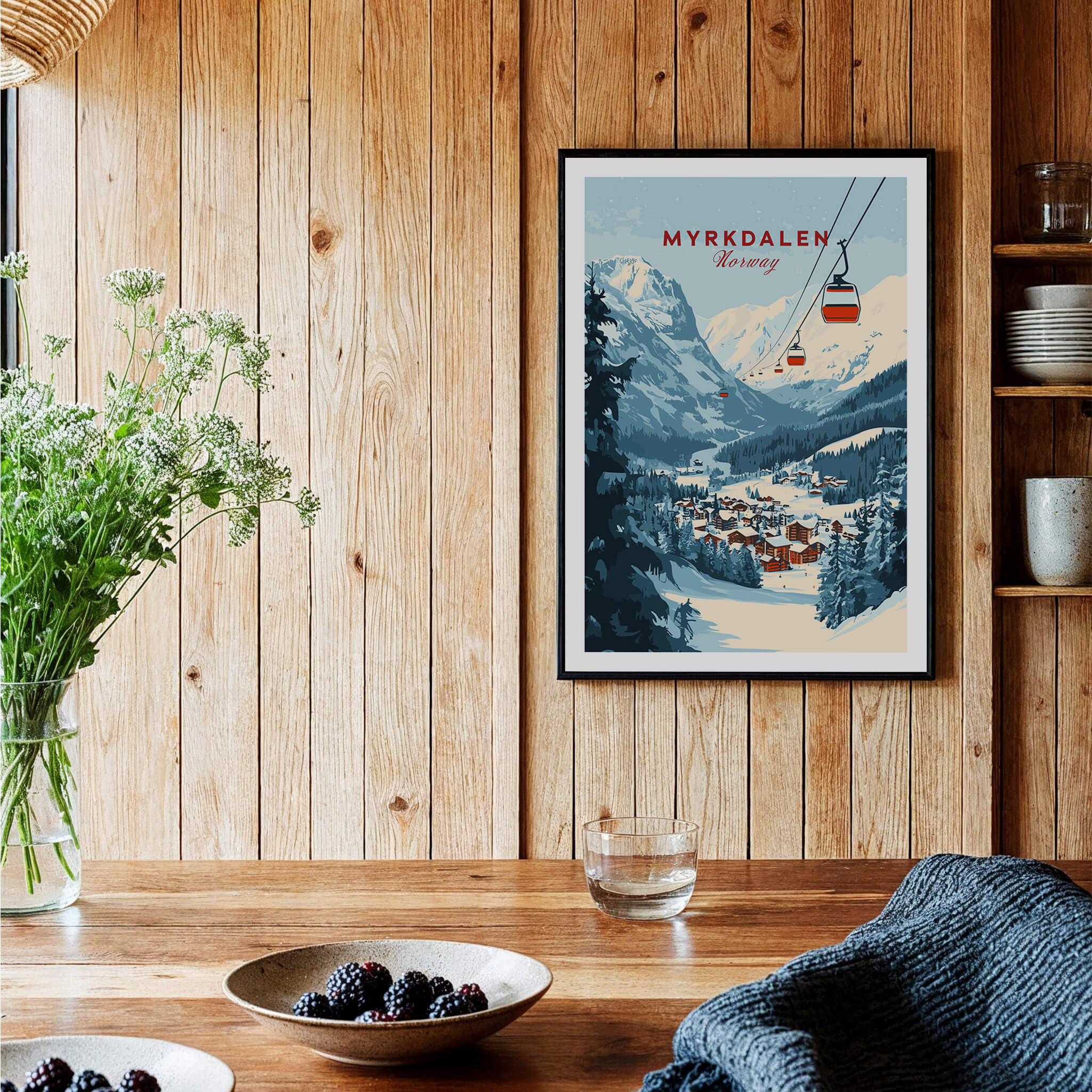 Charming Myrkdalen Ski Poster for Winter Enthusiasts framed on wooden wall with flowers and table decor.