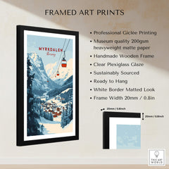 Charming Myrkdalen Ski Poster for Winter Enthusiasts framed art print with mountain scenery and cable car.