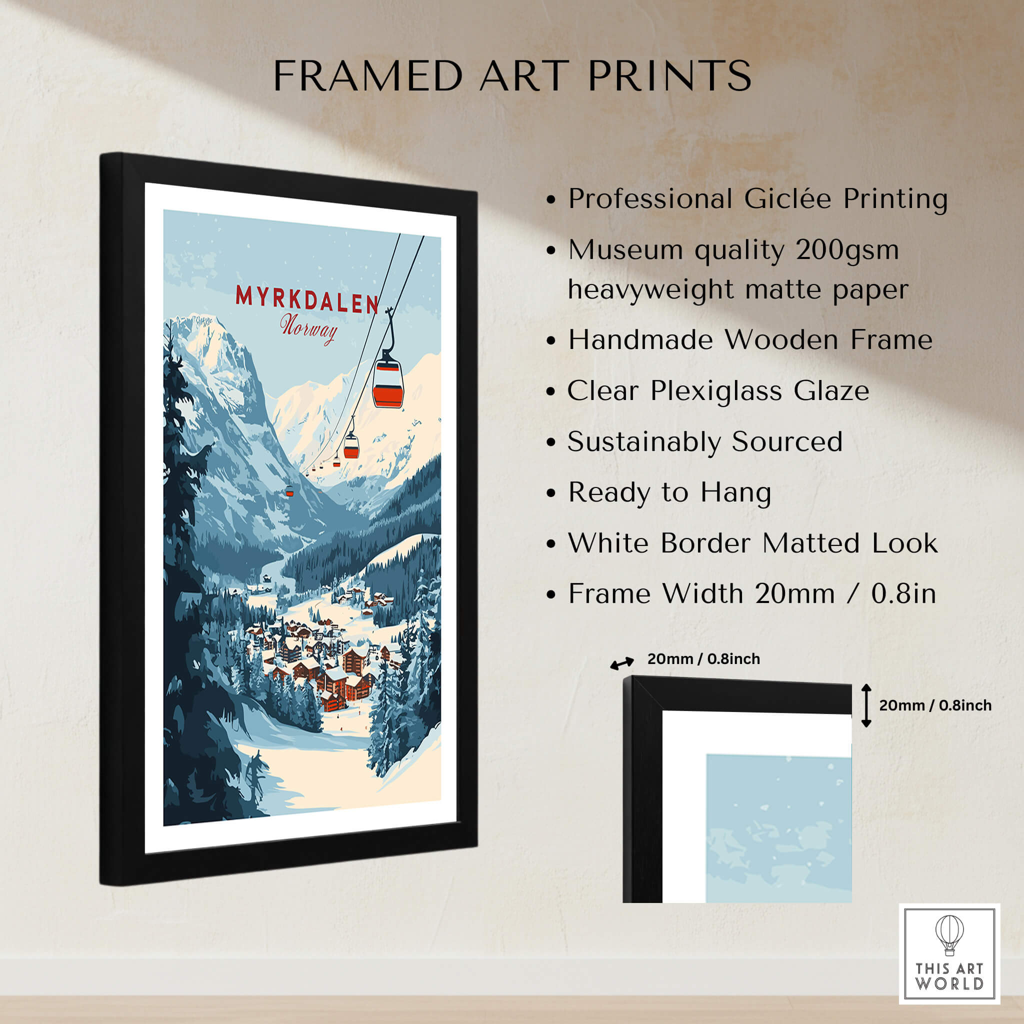 Charming Myrkdalen Ski Poster for Winter Enthusiasts framed art print with mountain scenery and cable car.