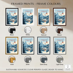 Charming Myrkdalen Ski Poster for Winter Enthusiasts framed in various colours including black, white, natural, and brown.
