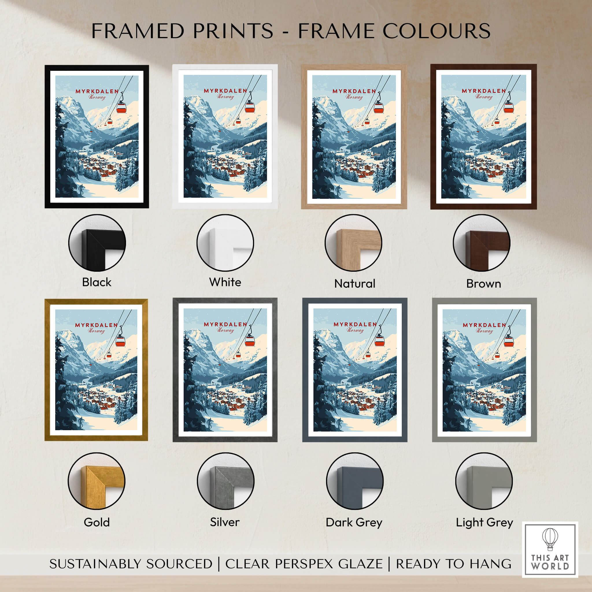 Charming Myrkdalen Ski Poster for Winter Enthusiasts framed in various colours including black, white, natural, and brown.