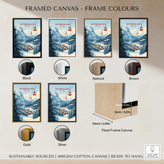 Charming Myrkdalen Ski Poster for Winter Enthusiasts displayed in various frame colors including black, white, natural, brown, gold, and silver.