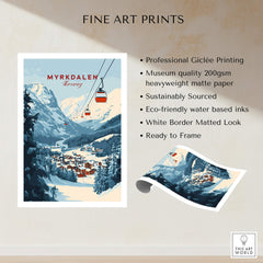 Charming Myrkdalen Ski Poster for Winter Enthusiasts showcasing a beautiful ski resort in Norway.