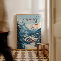 Charming Myrkdalen Ski Poster for Winter Enthusiasts displayed in a cozy interior, showcasing a winter landscape.