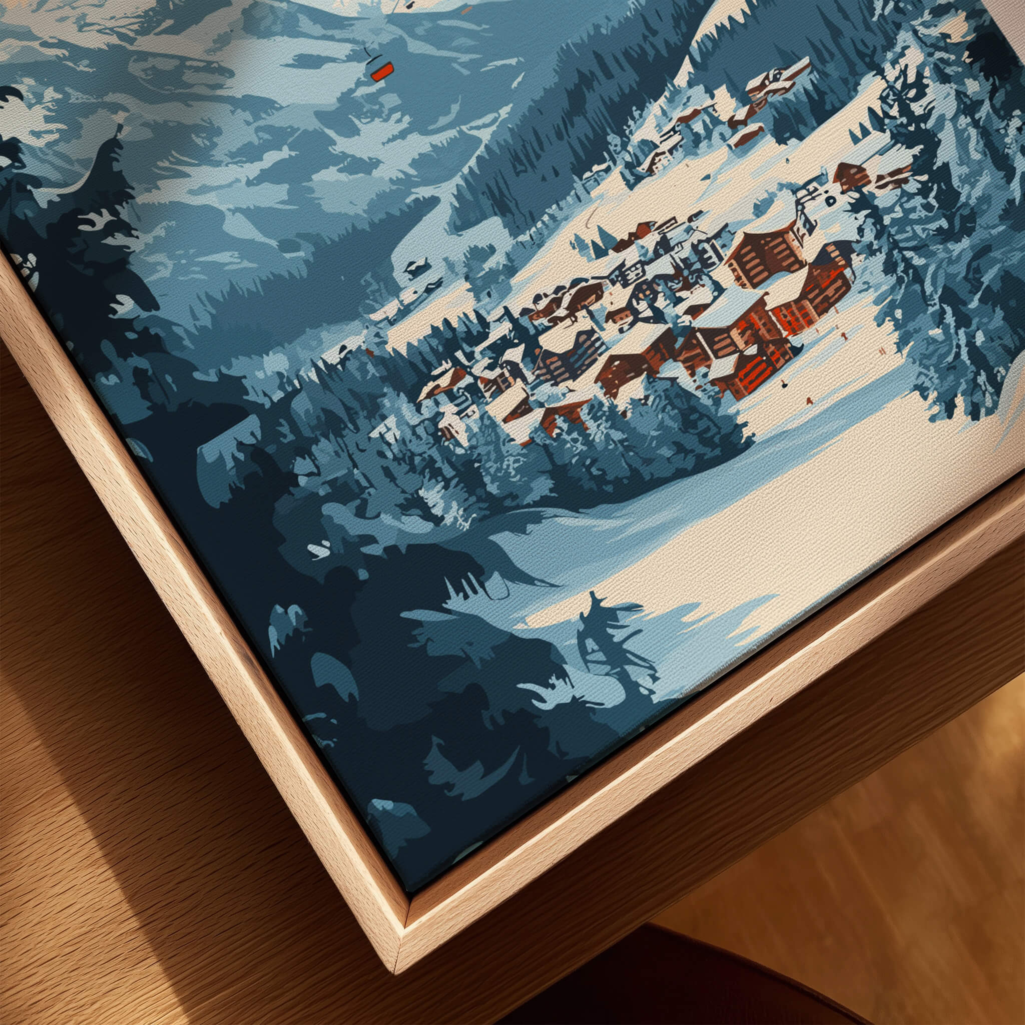 Charming Myrkdalen Ski Poster for Winter Enthusiasts displayed on a wooden frame, showcasing snowy slopes and a cozy ski village.