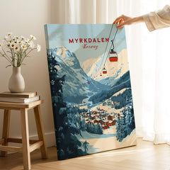 Charming Myrkdalen Ski Poster for Winter Enthusiasts showcasing ski lifts and snowy mountains in Norway.
