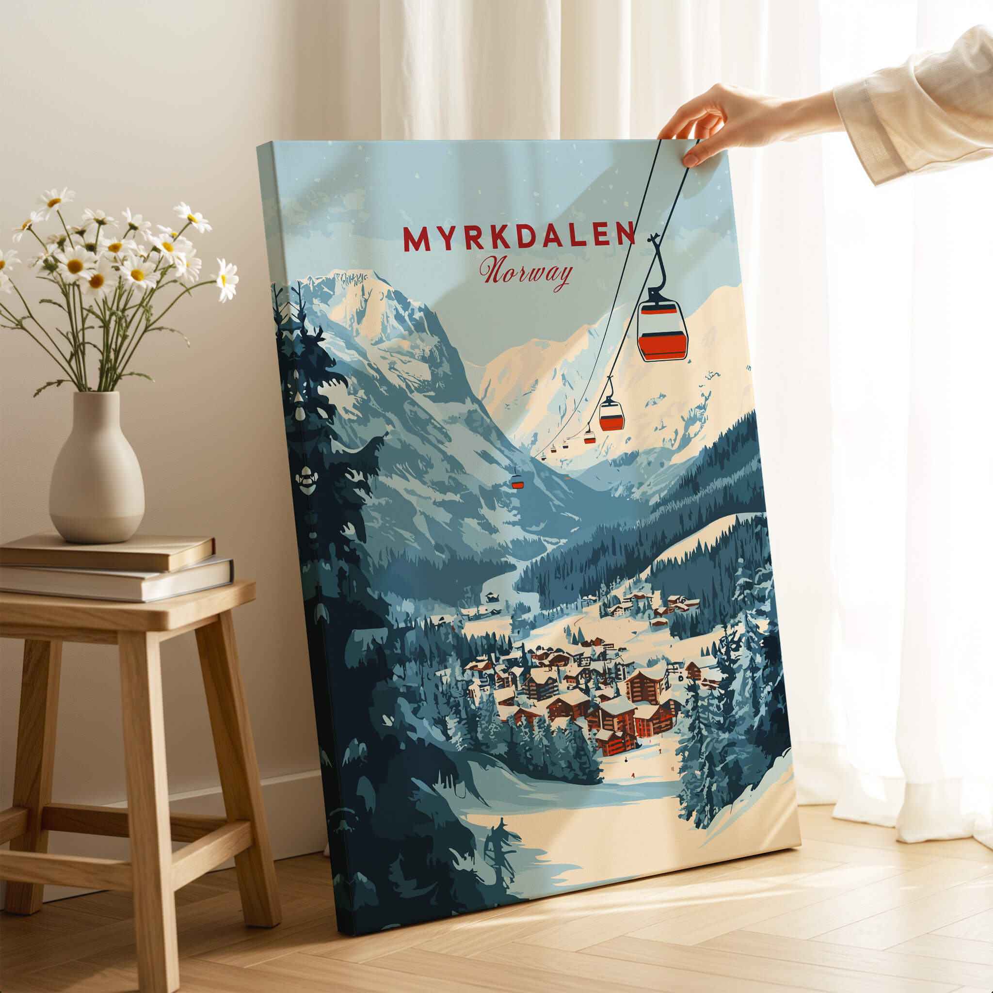 Charming Myrkdalen Ski Poster for Winter Enthusiasts showcasing ski lifts and snowy mountains in Norway.