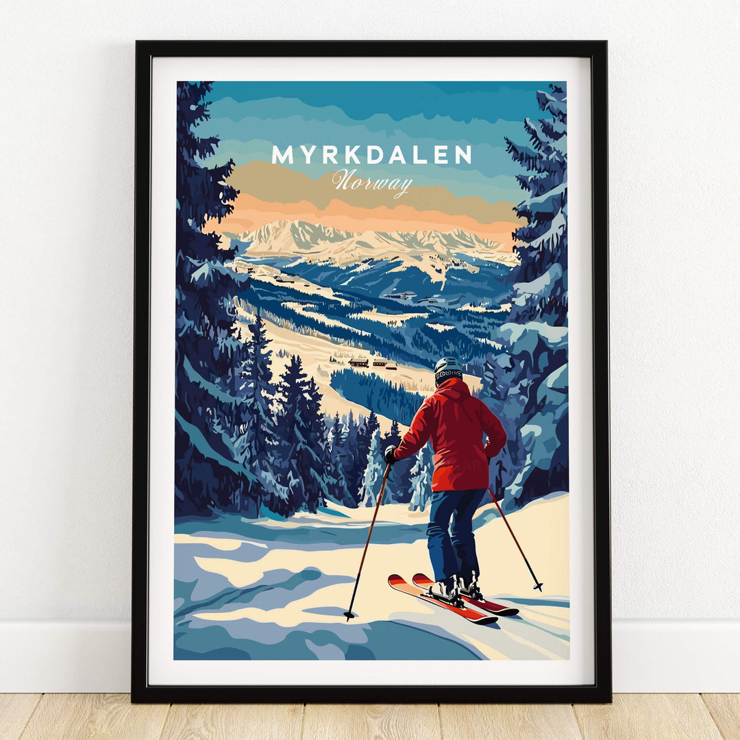 Capture Adventure with Myrkdalen Ski Poster featuring a skier in a snowy landscape of Norway.