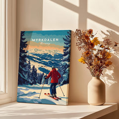 Capture Adventure with Myrkdalen Ski Poster showcasing a skier in a snowy landscape enjoying the slopes in Norway.