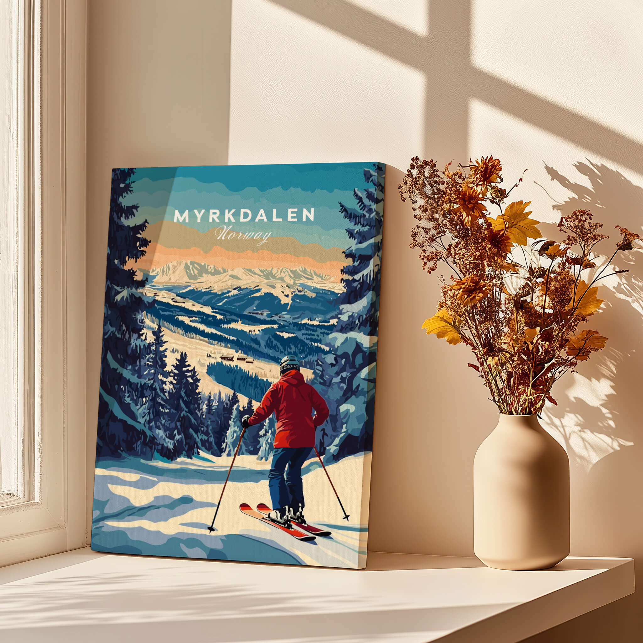 Capture Adventure with Myrkdalen Ski Poster showcasing a skier in a snowy landscape enjoying the slopes in Norway.