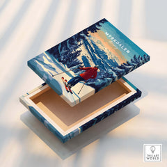 Capture Adventure with Myrkdalen Ski Poster displayed on a wooden box showcasing ski trails and mountain landscapes.