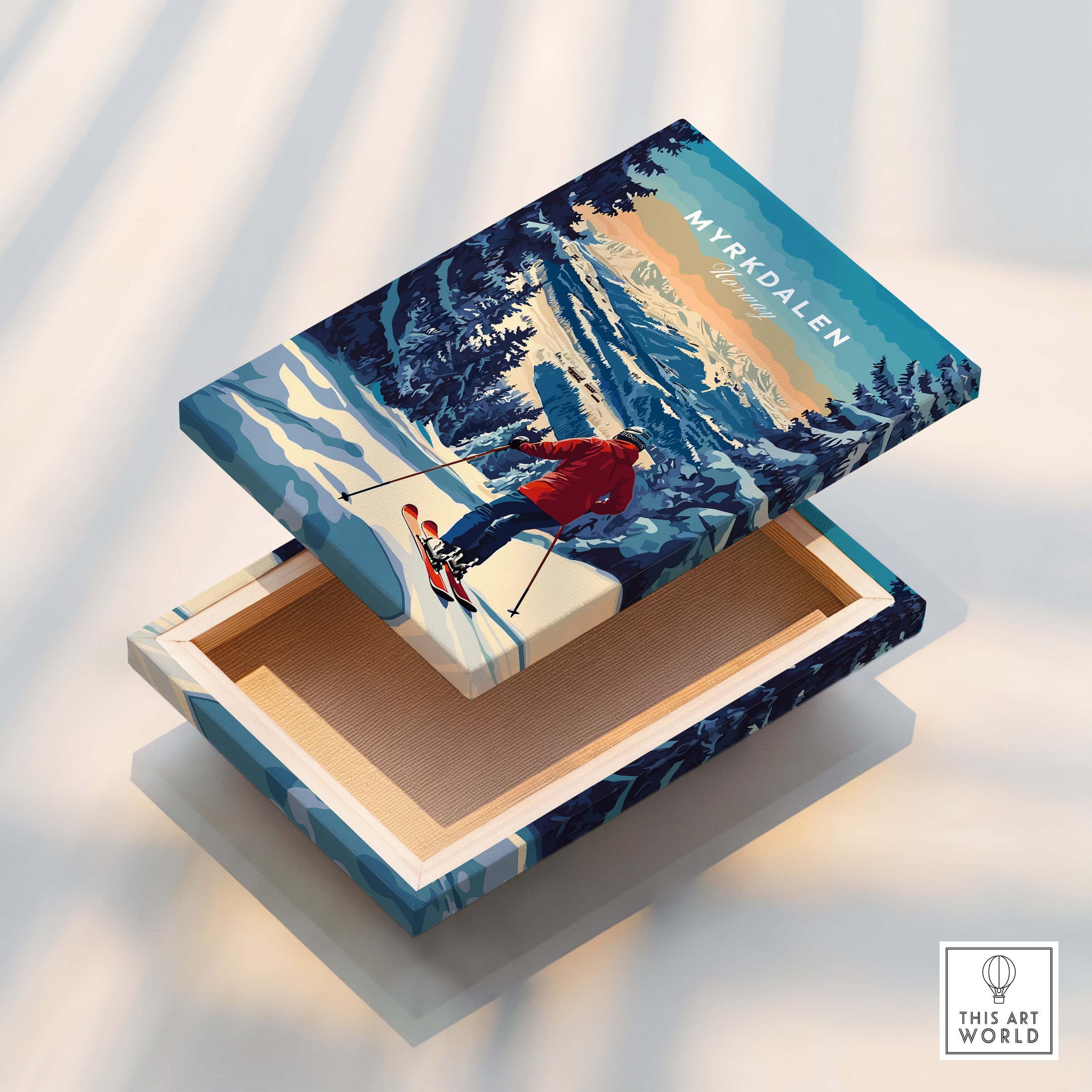 Capture Adventure with Myrkdalen Ski Poster displayed on a wooden box showcasing ski trails and mountain landscapes.