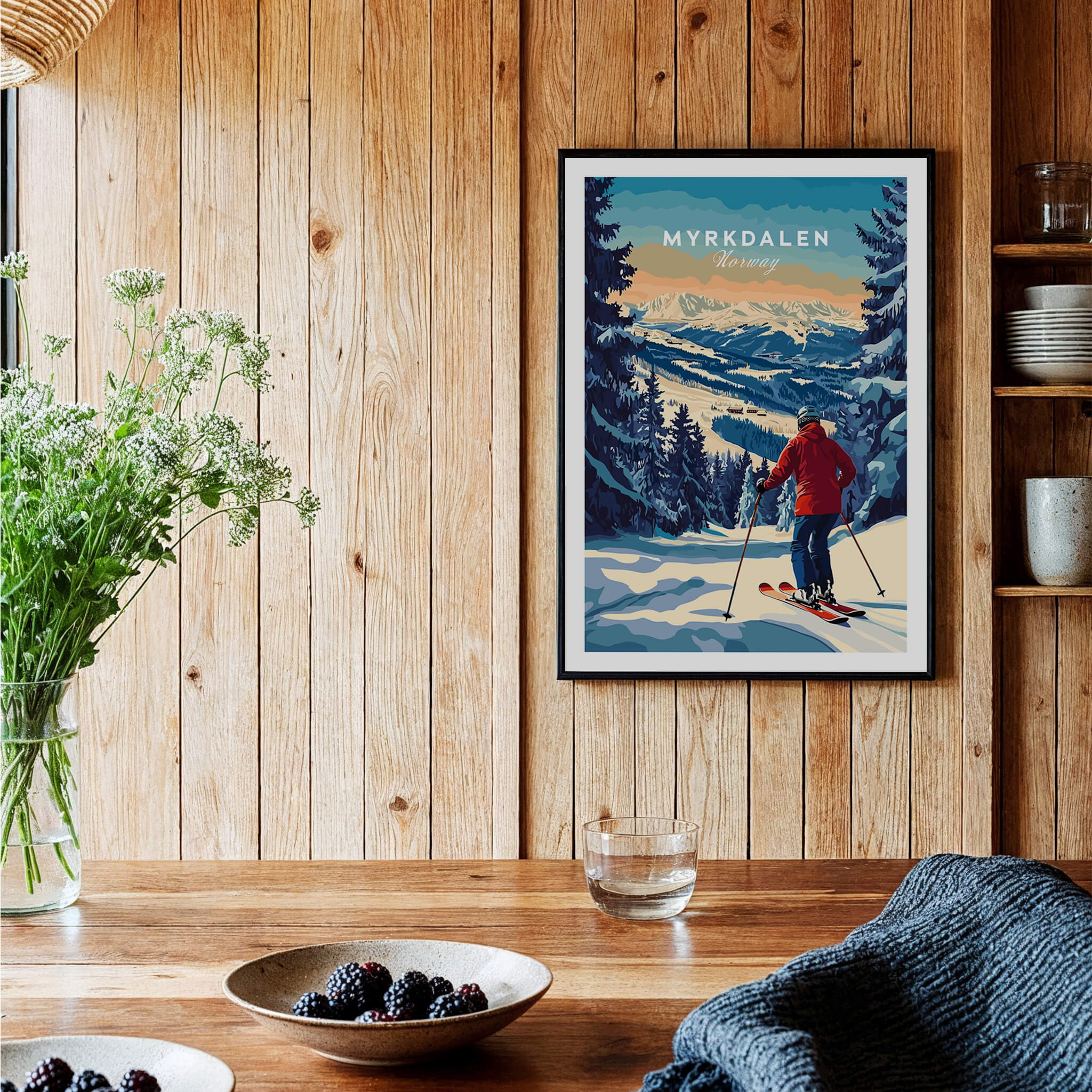 Capture Adventure with Myrkdalen Ski Poster displayed on wooden wall with skier in winter landscape.