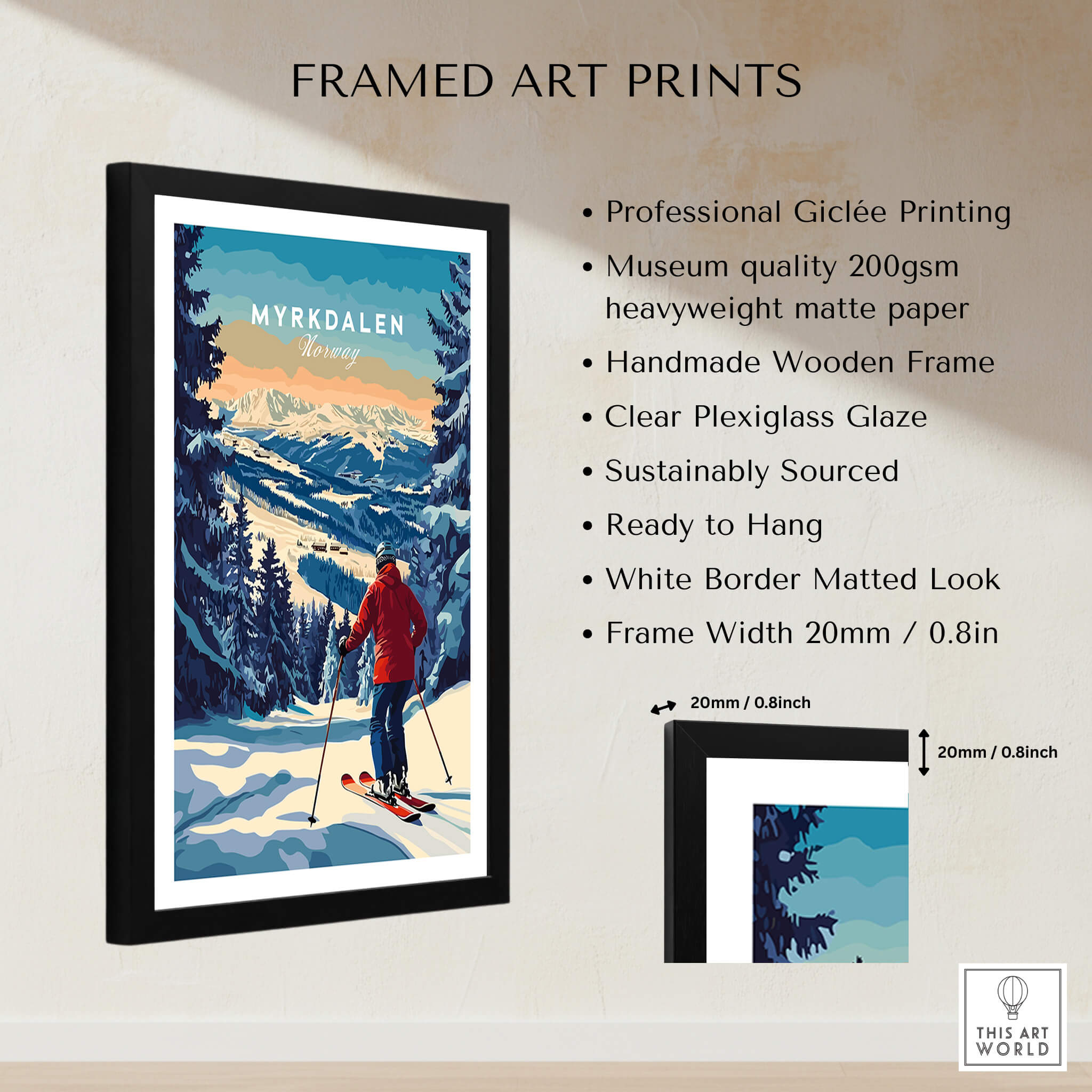 Capture Adventure with Myrkdalen Ski Poster featuring stunning mountain landscape and skier framed art print.
