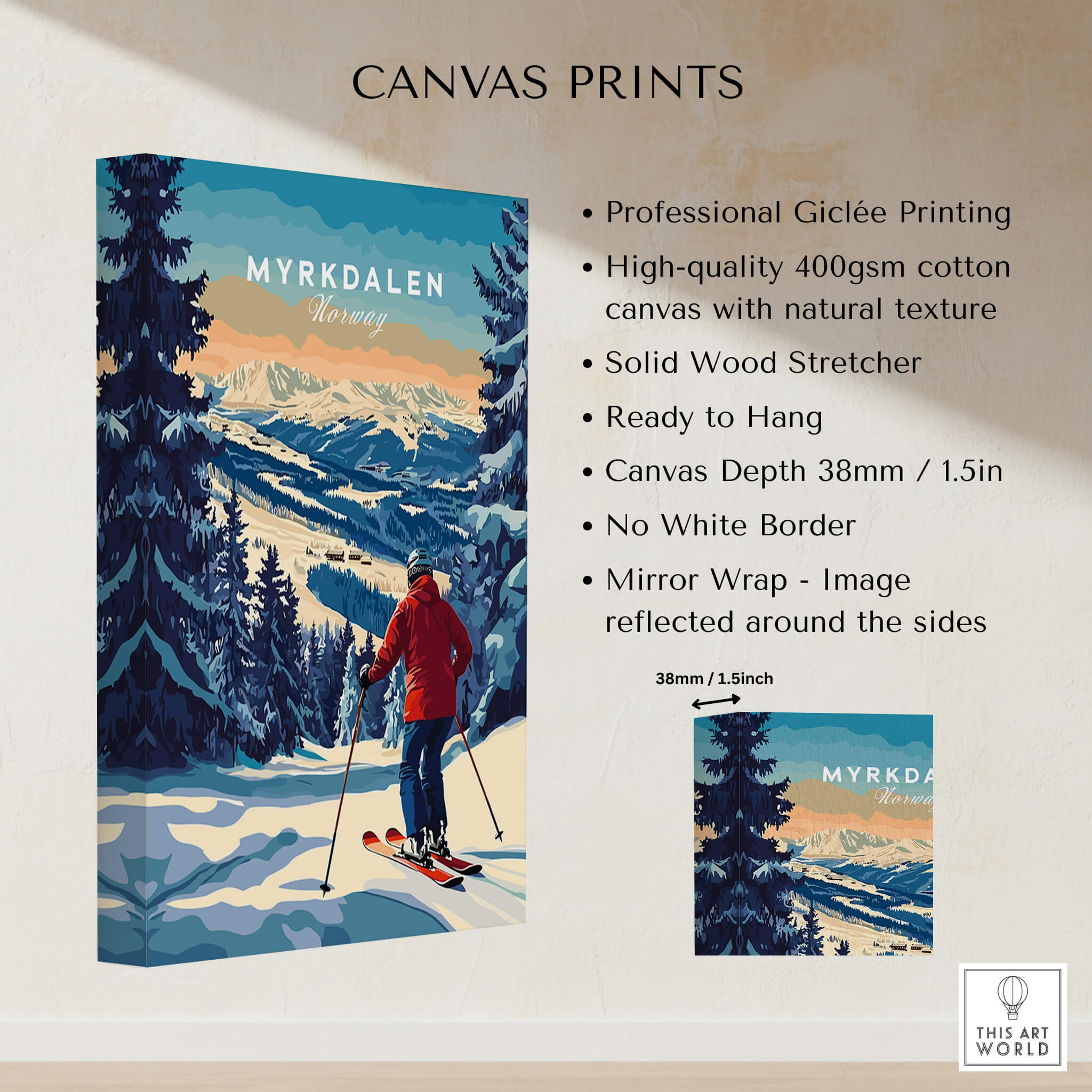 Capture Adventure with Myrkdalen Ski Poster featuring stunning mountain landscapes and skier.