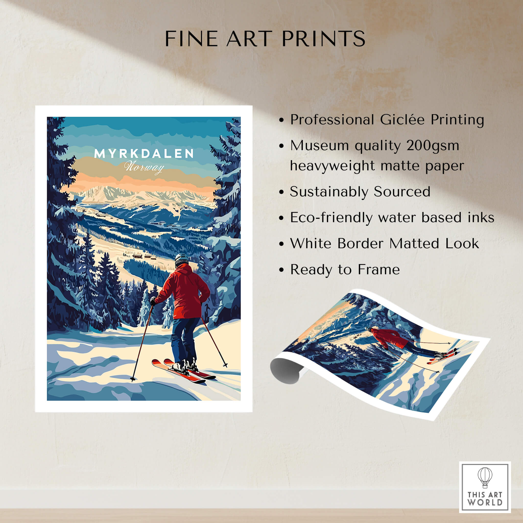 Capture Adventure with Myrkdalen Ski Poster showcasing a skier against stunning mountain landscapes in Norway.