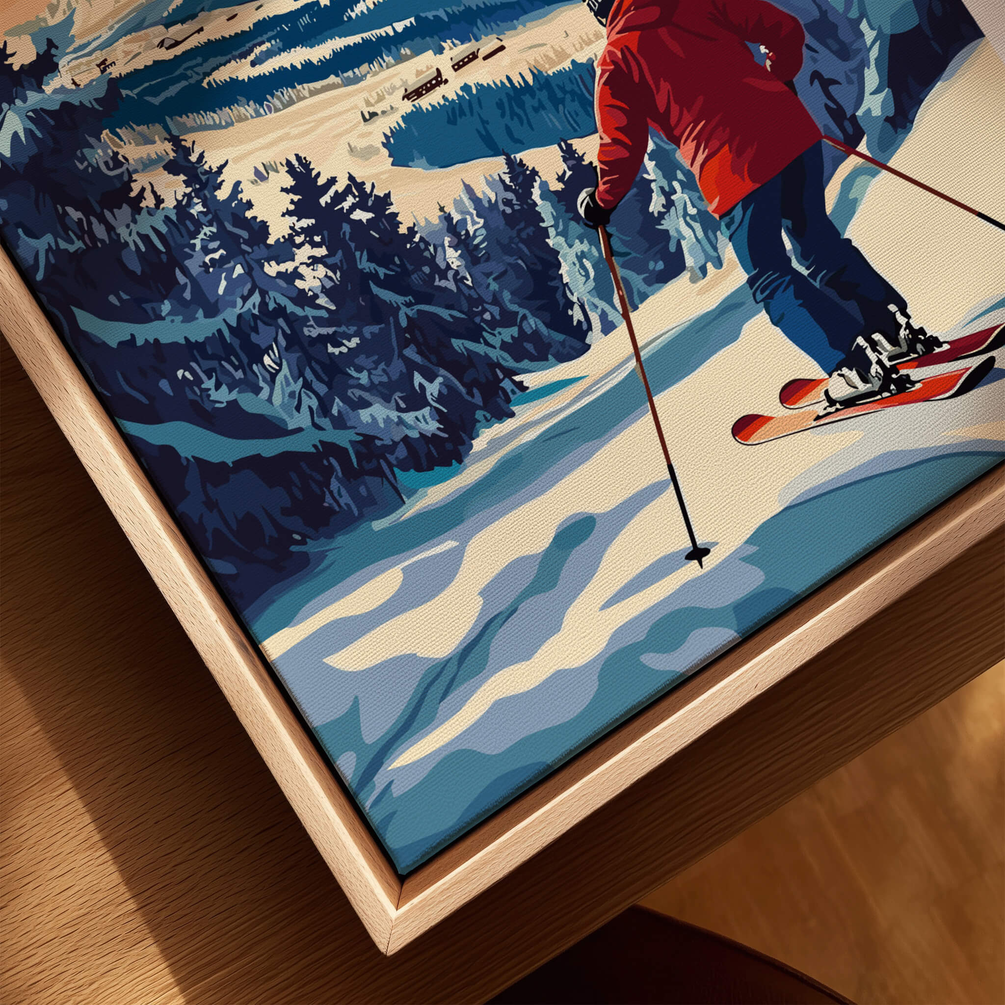 Capture Adventure with Myrkdalen Ski Poster featuring a skier in a red jacket on a snowy mountain trail.