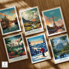 Capture Adventure with Myrkdalen Ski Poster among other travel art prints on a wooden display.