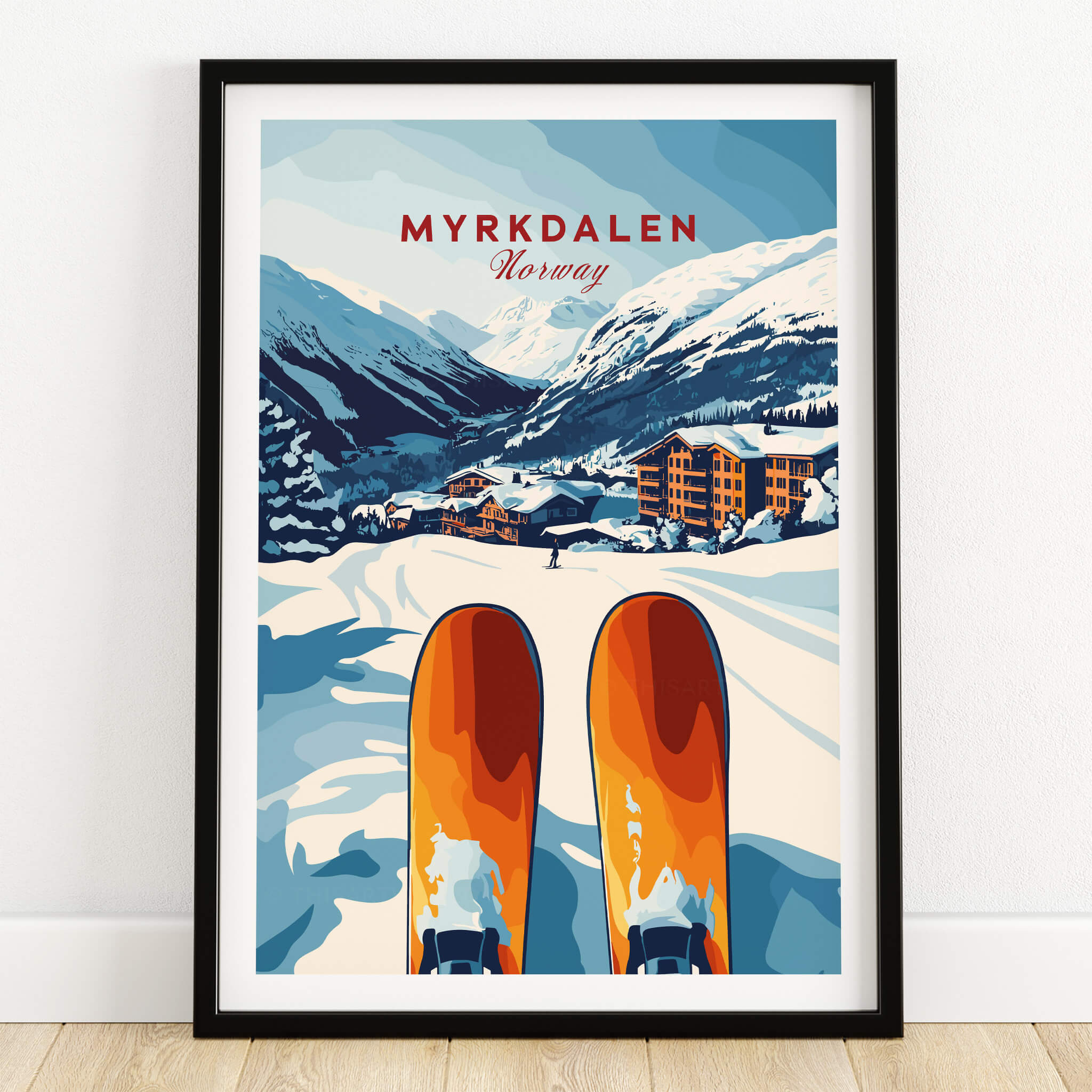 Myrkdalen, Norway Print - Ski Resort Art, Winter Wall Art featuring ski boots and scenic mountains.