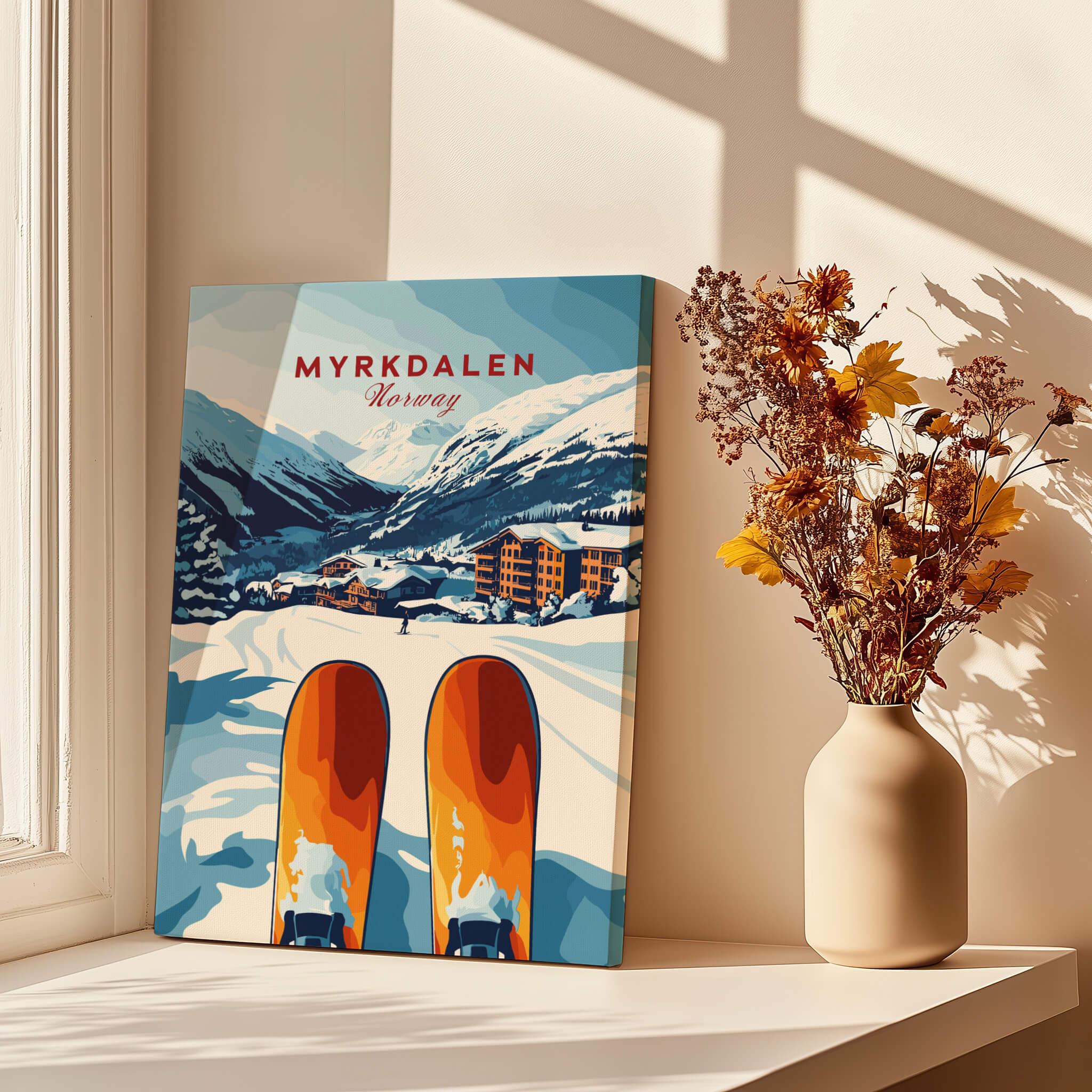 Myrkdalen, Norway Print - Ski Resort Art, Winter Wall Art showcasing snowy mountains and skis.