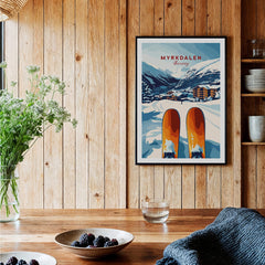 Myrkdalen, Norway Print - Ski Resort Art, Winter Wall Art showcasing skis and snowy mountains in a cozy setting.