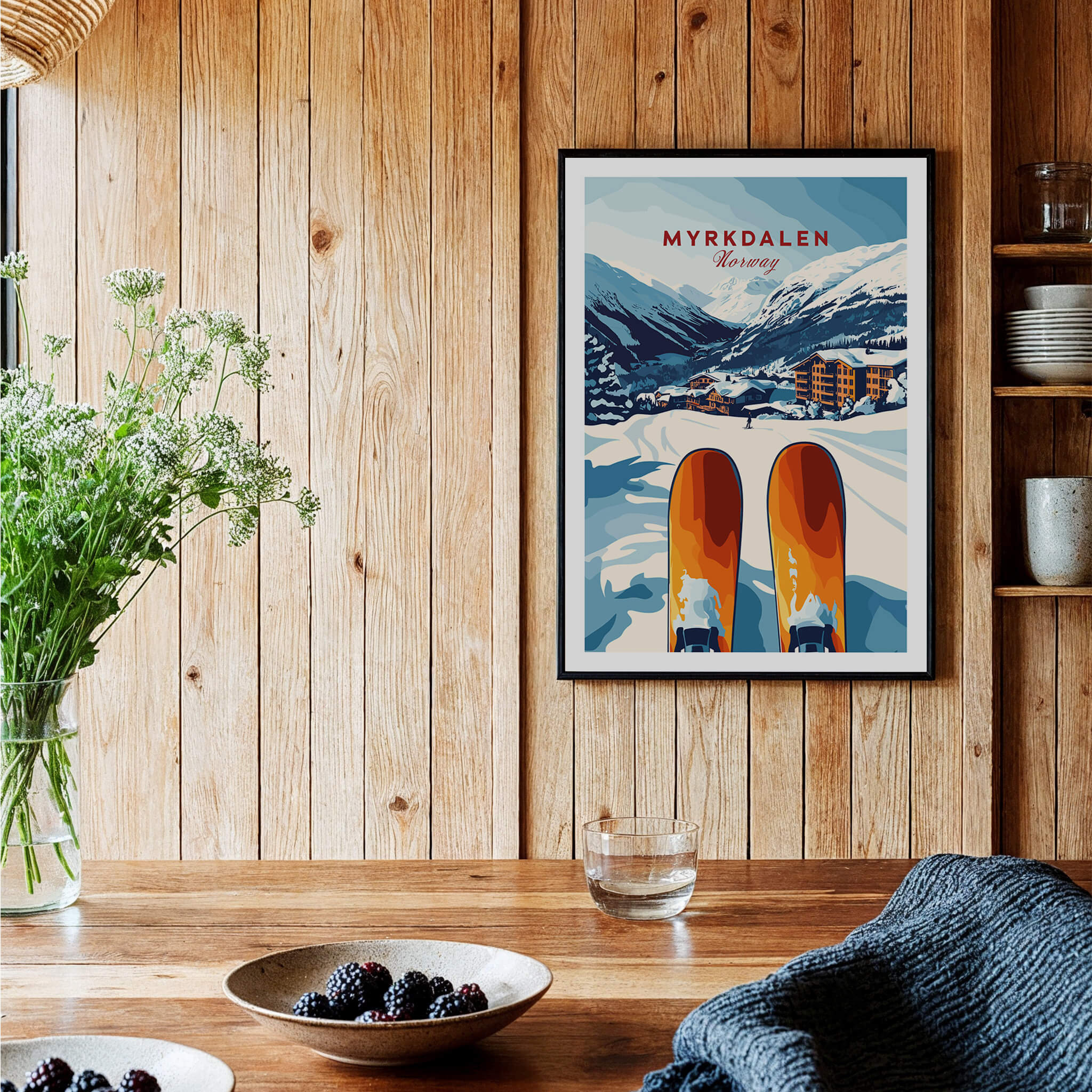Myrkdalen, Norway Print - Ski Resort Art, Winter Wall Art showcasing skis and snowy mountains in a cozy setting.
