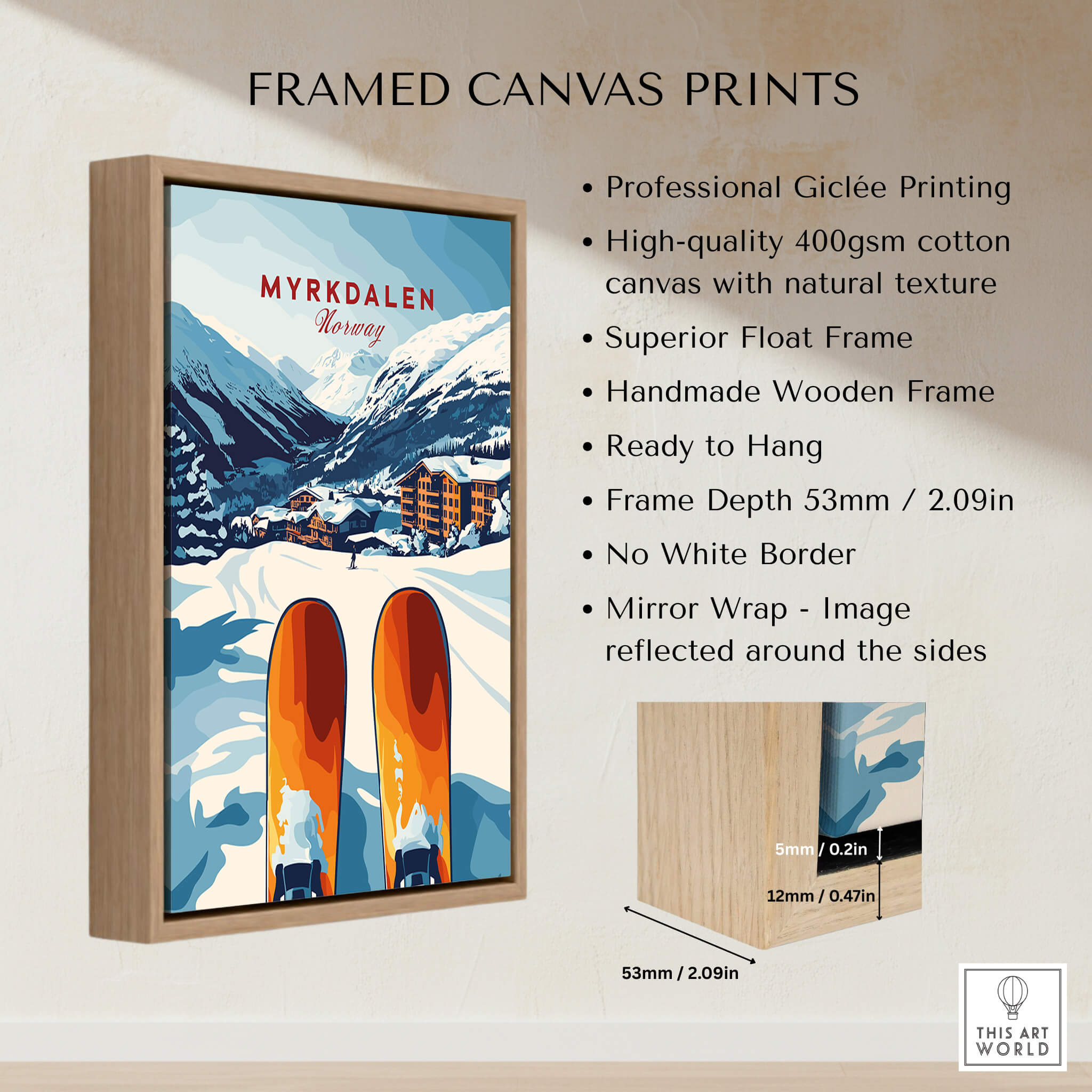 Myrkdalen, Norway Print - Ski Resort Art, Winter Wall Art displayed in a wooden frame with snowy mountains and ski equipment.