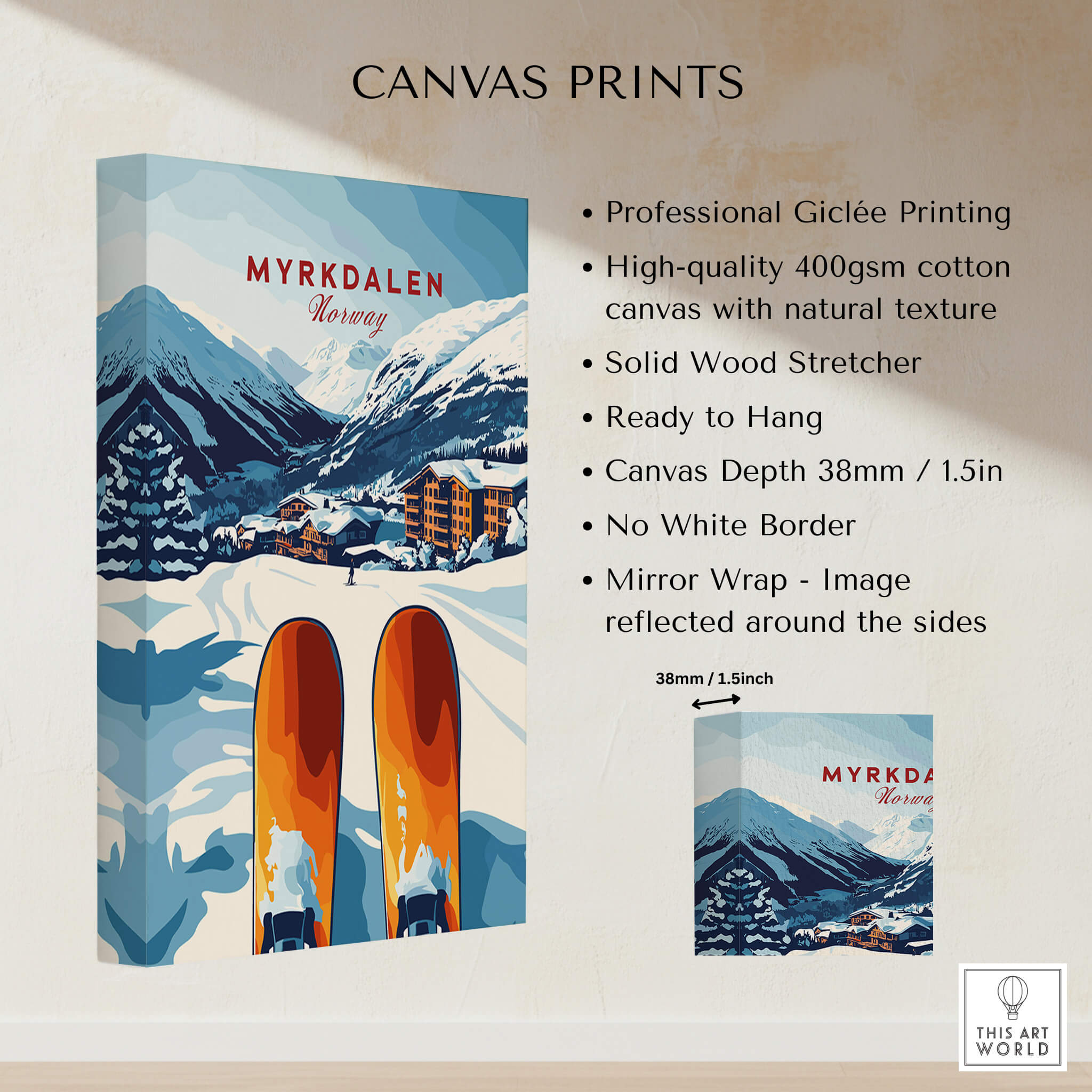 Myrkdalen, Norway Print - Ski Resort Art, Winter Wall Art displayed on canvas with snowy mountains and ski equipment.