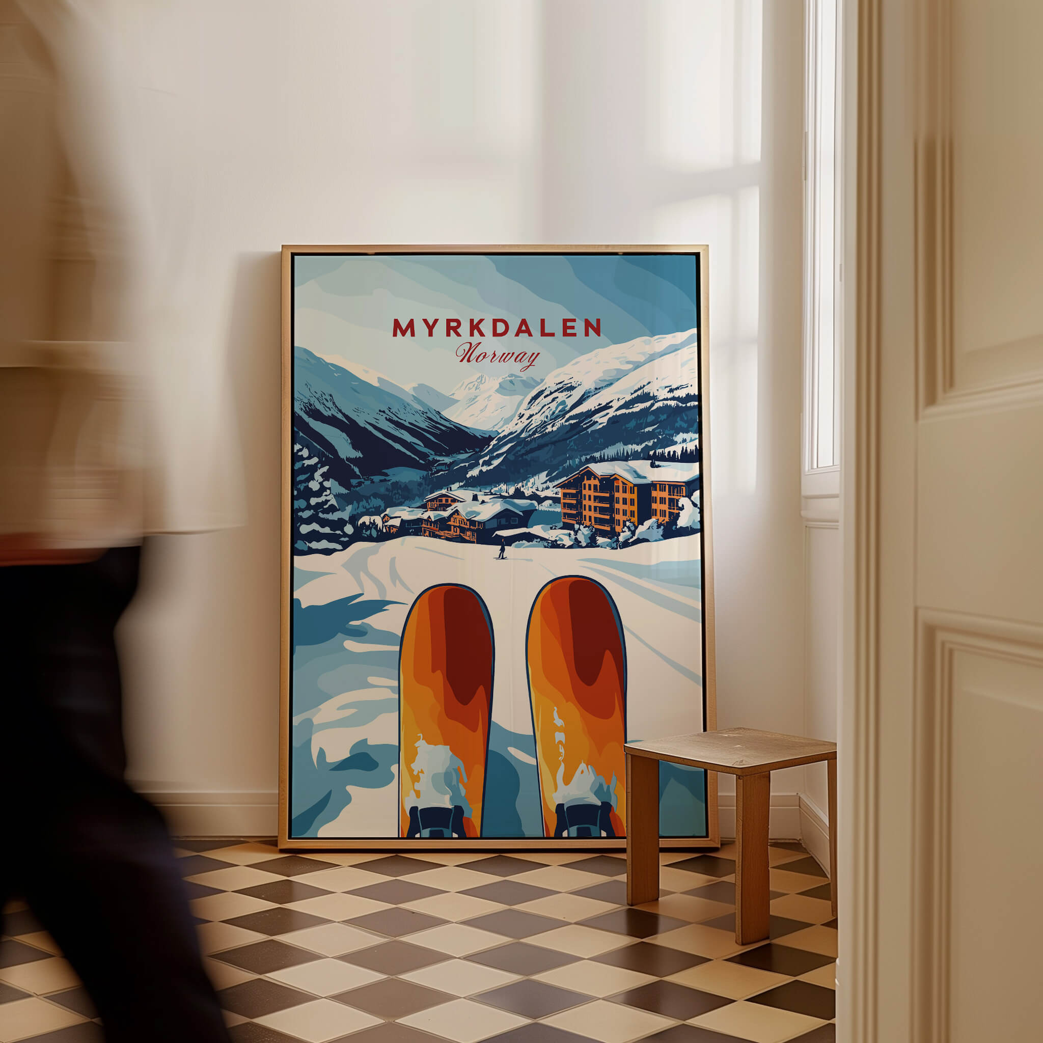 Myrkdalen, Norway Print - Ski Resort Art, Winter Wall Art displayed in a cozy interior setting.
