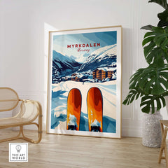 Myrkdalen Norway print featuring skis and snowy mountains, ideal winter wall art for ski lovers and home decor.