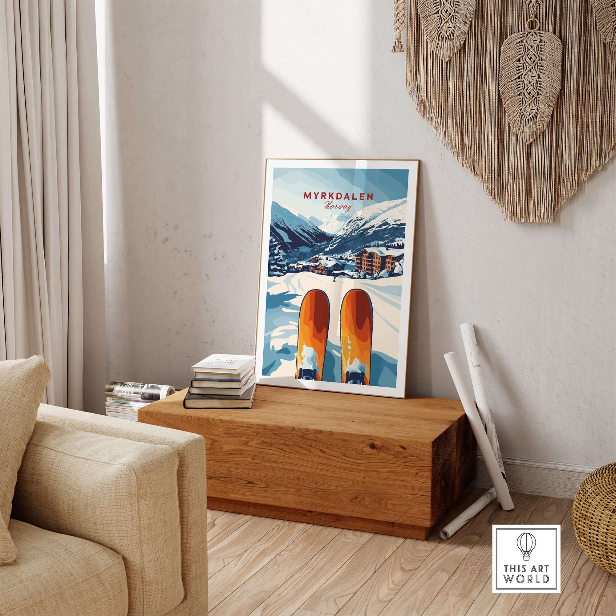 Myrkdalen, Norway print showcasing ski resort art in a cozy living room setting.