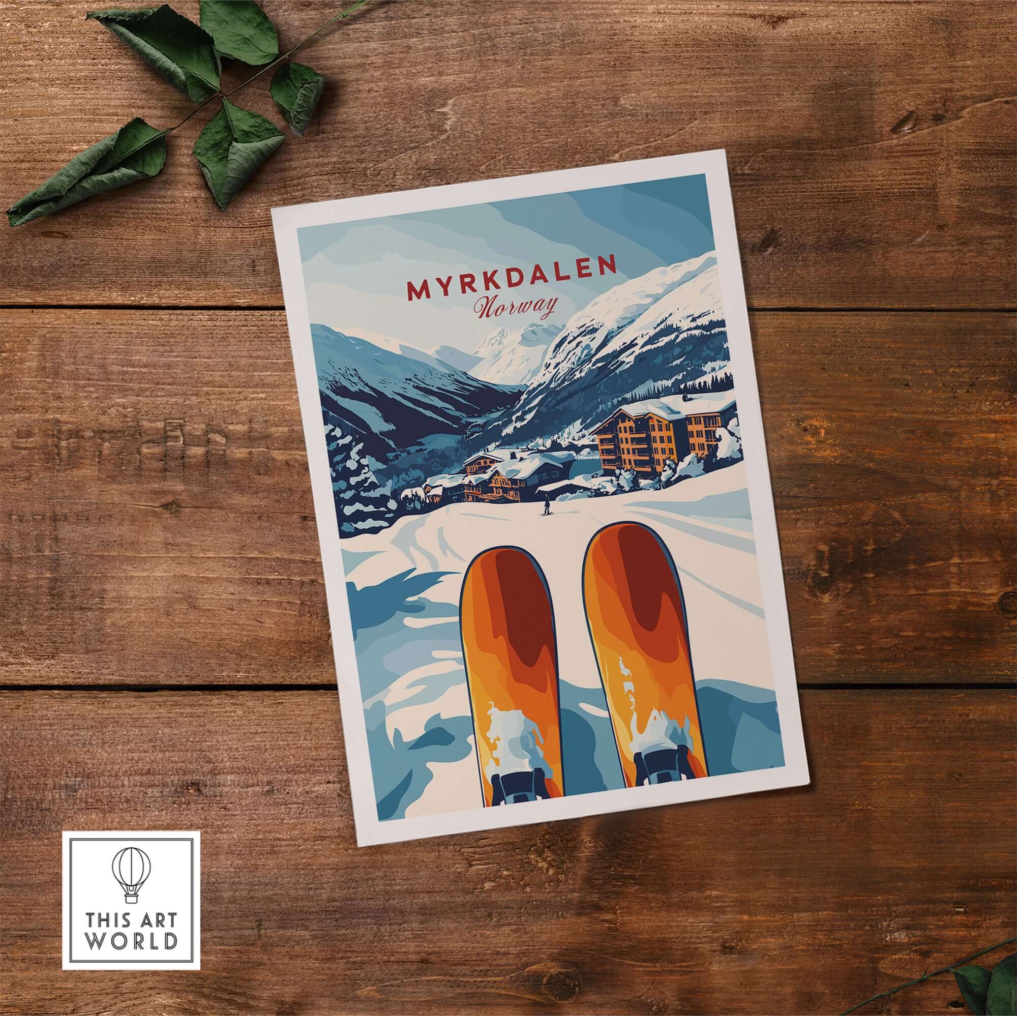 Myrkdalen Norway ski resort art print featuring snowy mountains and vibrant ski gear on wooden surface