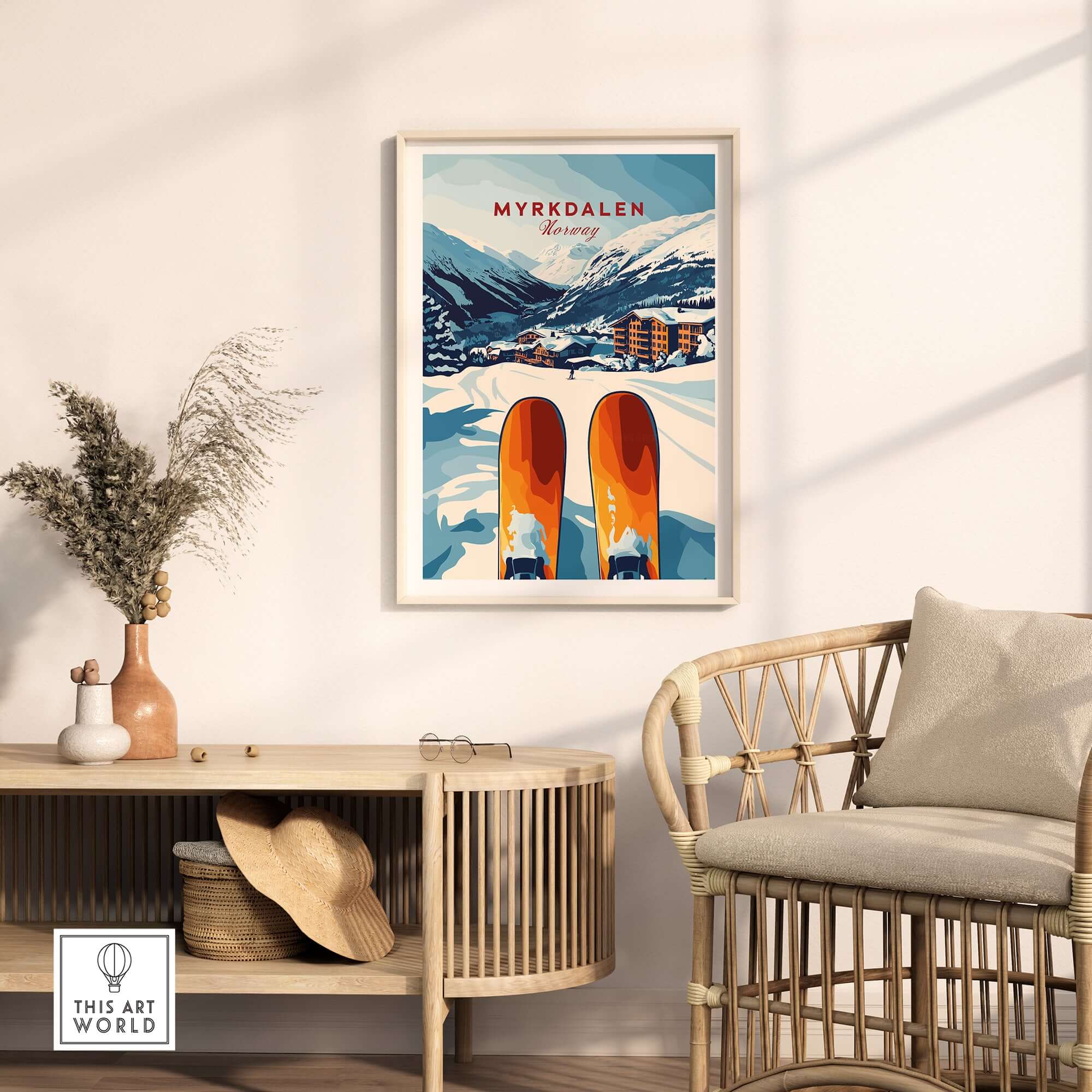 Myrkdalen Norway print featuring skis and snow-capped mountains, perfect winter wall art for ski lovers.