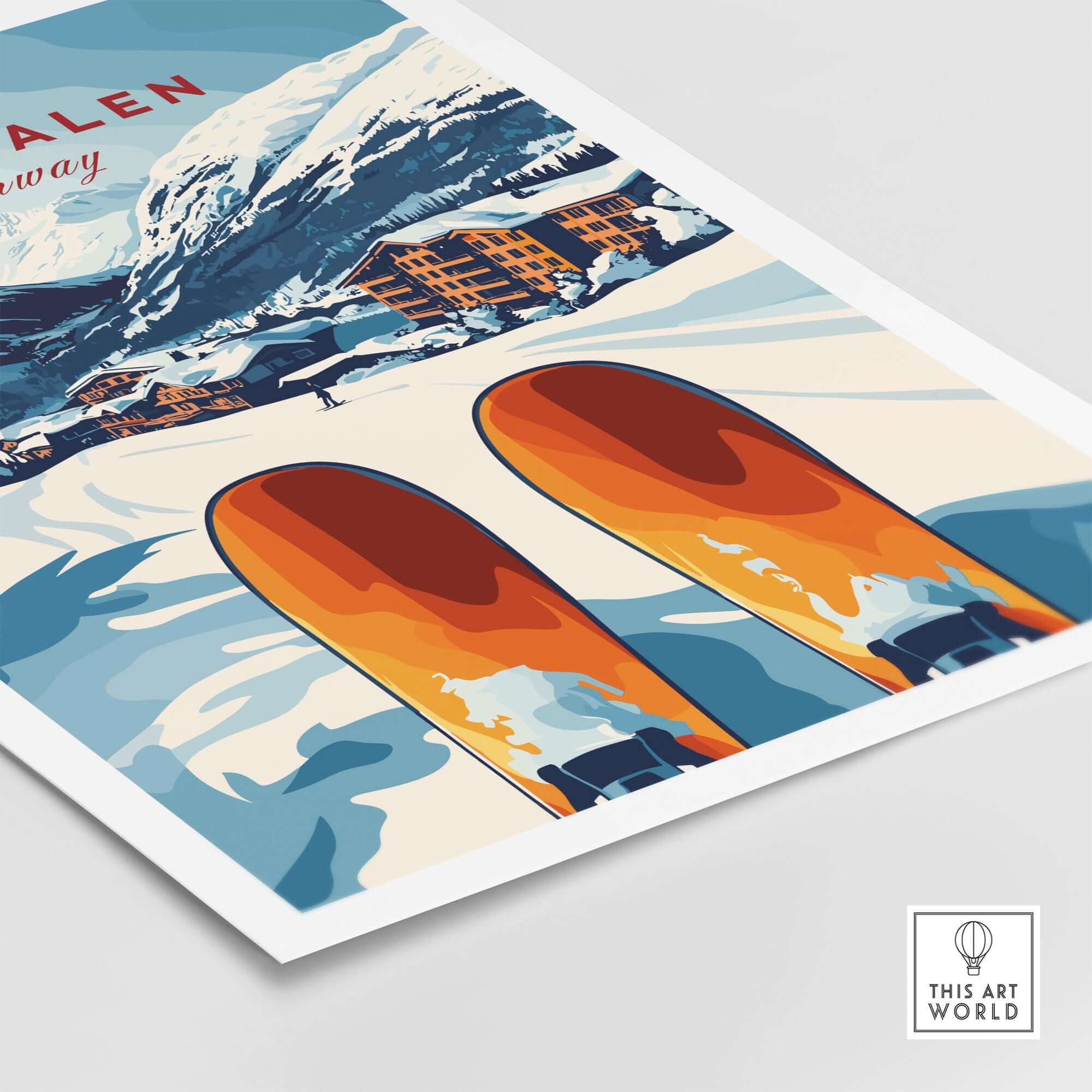 Myrkdalen Norway print featuring skis with scenic winter mountains and ski resort in the background, perfect for winter wall art.