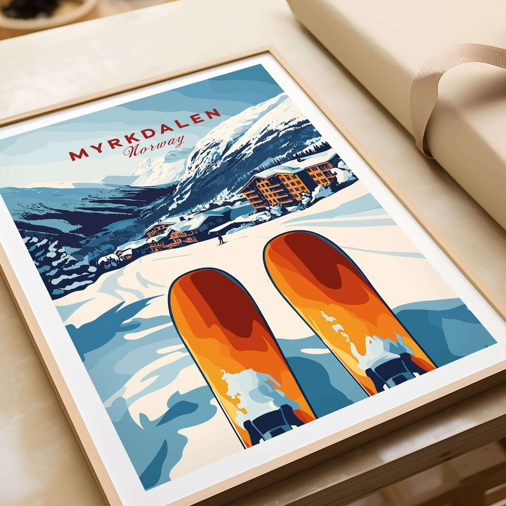 Myrkdalen Norway print featuring skis and snowy mountains, ideal winter wall art for ski enthusiasts.